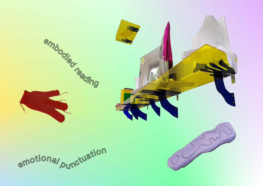 Speaking Volumes, access·ories: objects to address accessibility in publishing, embodied reading, emotional punctuation, cushions and gloves (here a facsimile of the Merger glove, Liz Collins, LTTR #4 - DO YOU WISH TO DIRECT ME?). 2025-ongoing.