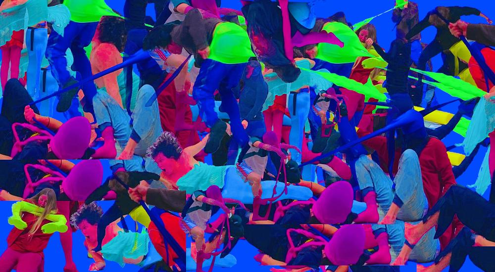 Collage of people wearing fluorescent green, blue and purple