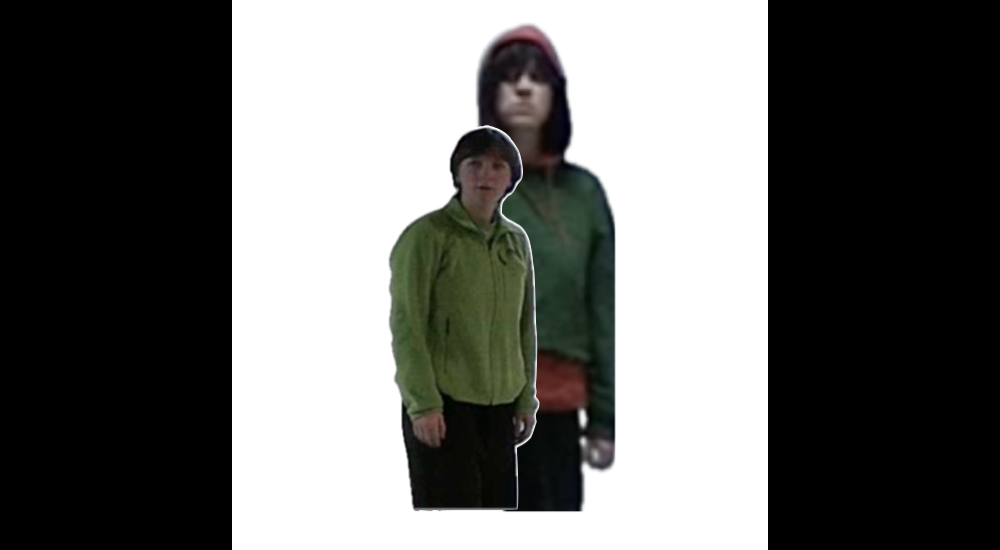 A person in a green hoodie superimposed on a person in a red hoodie with their hood up