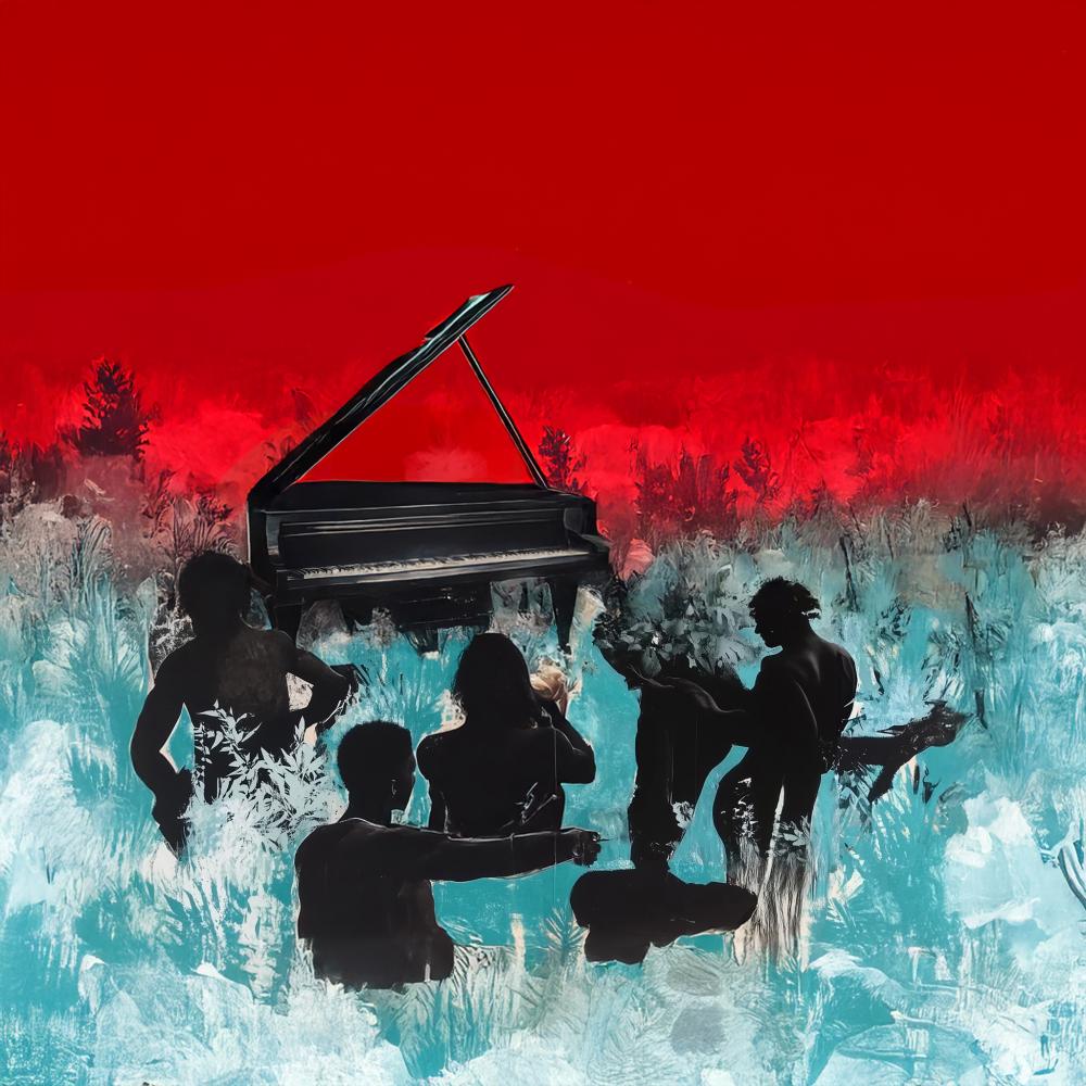 painting of a piono in a field surrounded by people