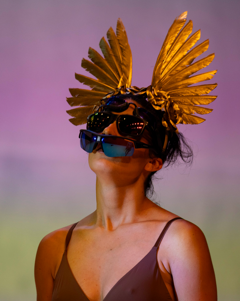 a person with a golden bird mask