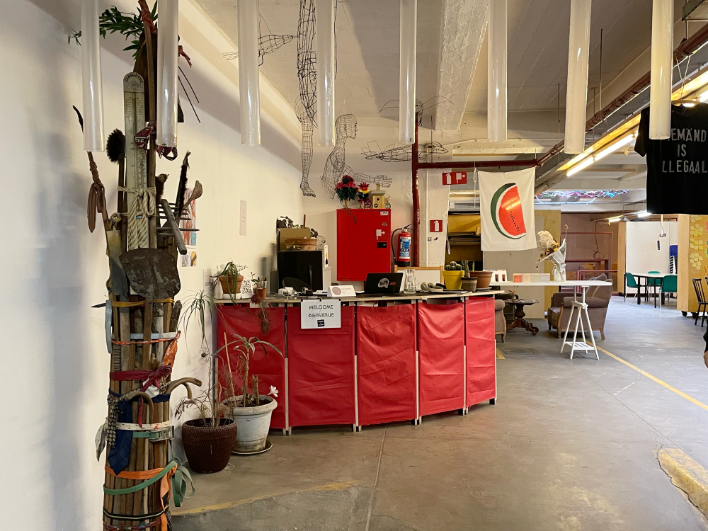 A makeshift reception desk