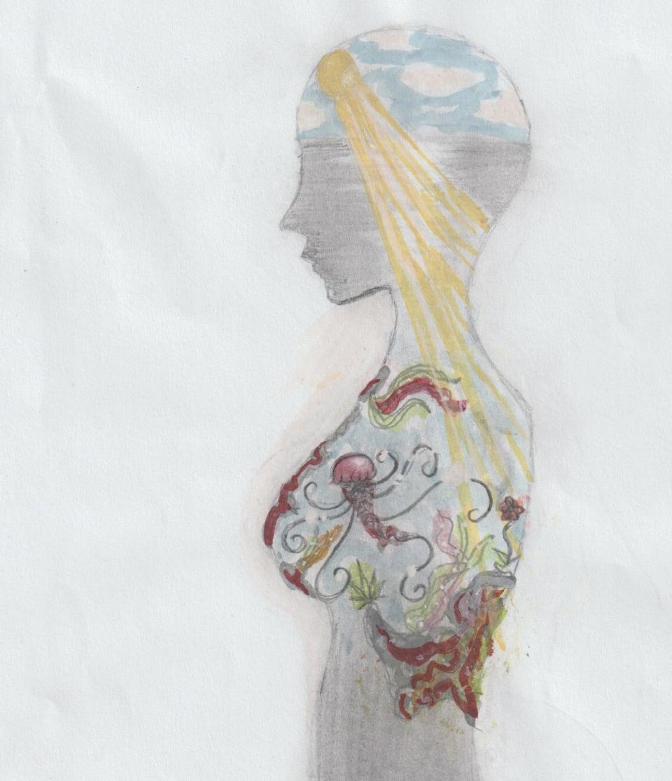 Drawing of the inside of a person's body filled with nature