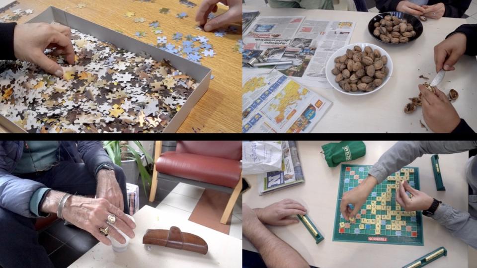 Collage of hands making puzzles and food