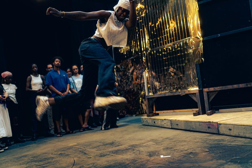 A performer mid-jump