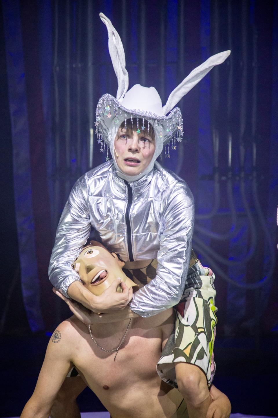 person with bunny suit